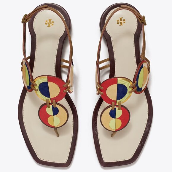 Tory Burch $348 Marquetry Disk Sandal TOASTED SESAME NEW IVORY - Picture 1 of 8